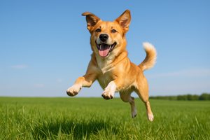 Dog jumping in a field with a clear sky